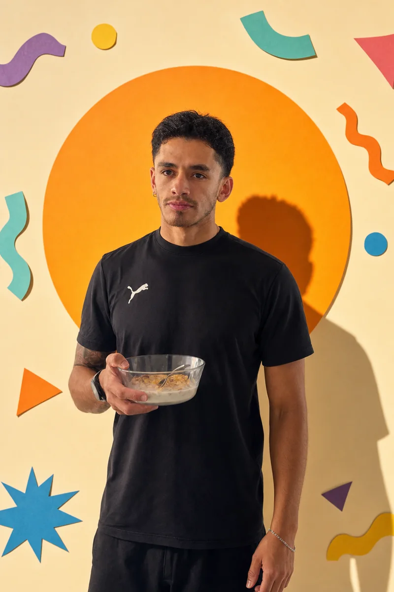 Oswald con un plato de cereal en la mano, listo para vender todo